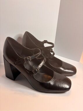 Marc Fisher Black Patent Double-Strap Block Heel Mary Janes